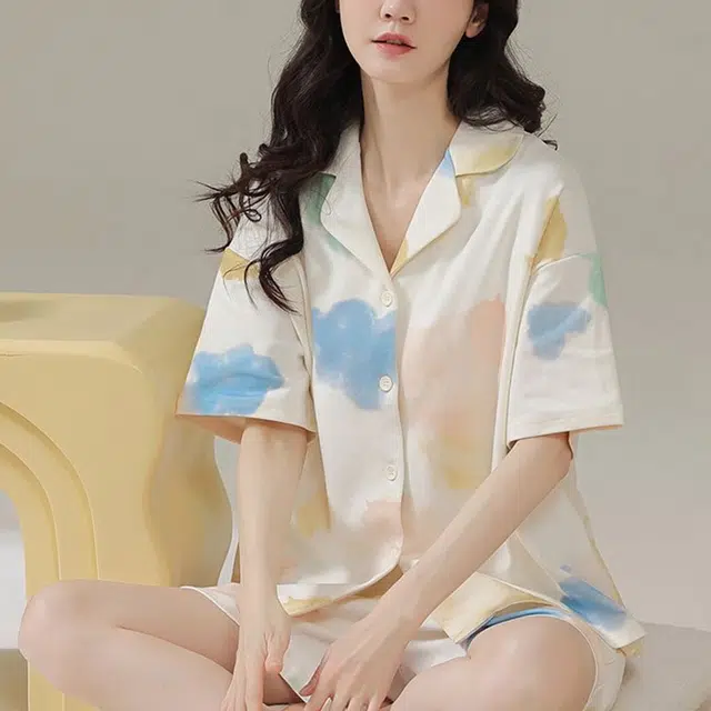 橡柠派 睡衣女夏季短袖短裤薄款学生夏天青少年休闲家居服套装 女款 蓝粉色 家居套装