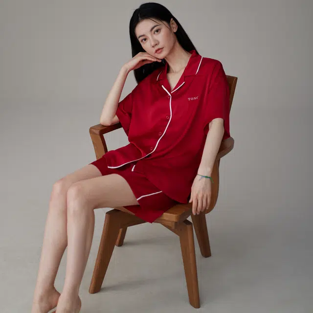 同语 夏季冰丝红色结婚睡衣薄款女士家居服凉感新婚套装 家居套装 女款 酡红 红色礼盒