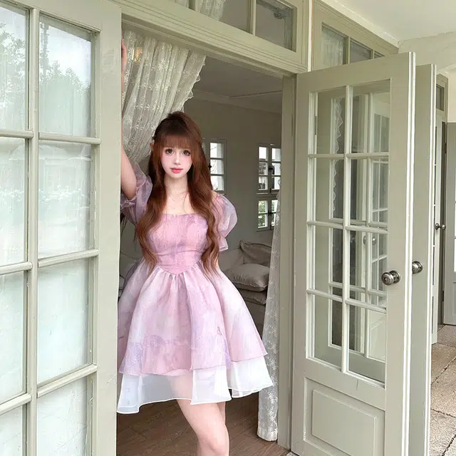 拼色网纱蓬蓬收腰短袖连衣裙 女款 浅紫色