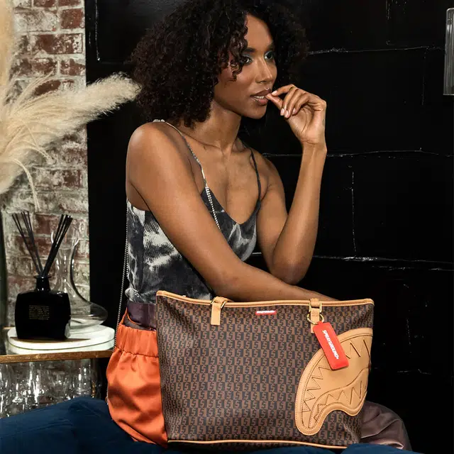 SPRAYGROUND Checkerboard Shark Mouth PVC Tote Bag Brown