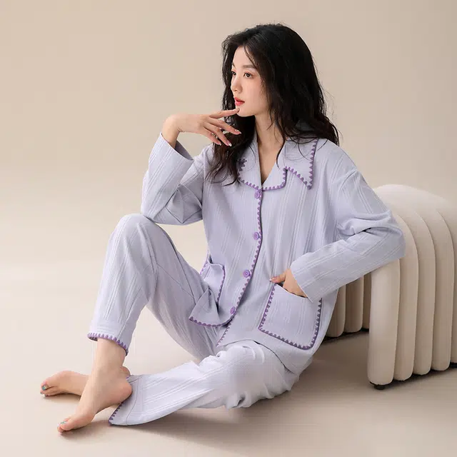 可人儿 纯棉长袖睡衣纯色简约宽松可外穿家居服套装 春秋季 女款 浅紫色