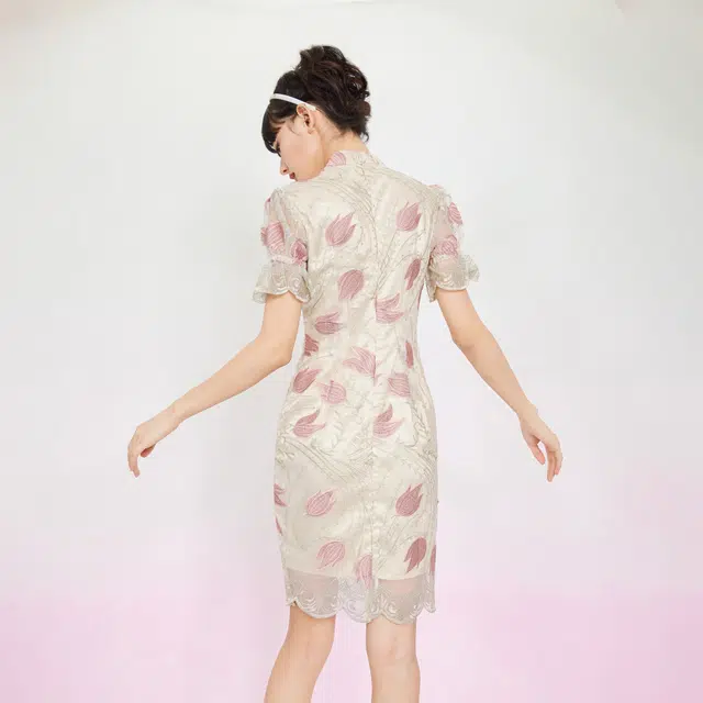 槿爷东方  玉金香花枝刺绣短袖旗袍 女款 灰金色