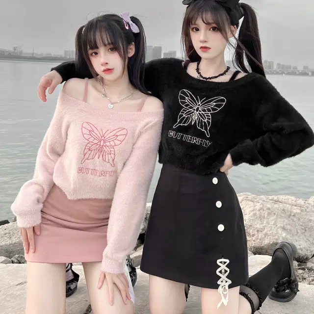 兔半眠 纯色印花挂脖毛衣包臀短裙制服裙装