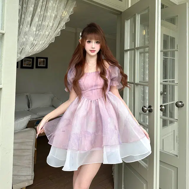 拼色网纱蓬蓬收腰短袖连衣裙 女款 浅紫色