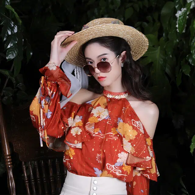 槿爷东方 挂脖露肩长袖衬衫 女款 阳红色