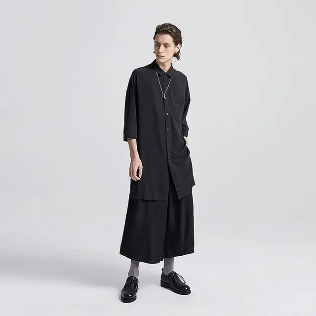 幻象者 纯色单排扣宽松短袖衬衫 男女同款 黑色