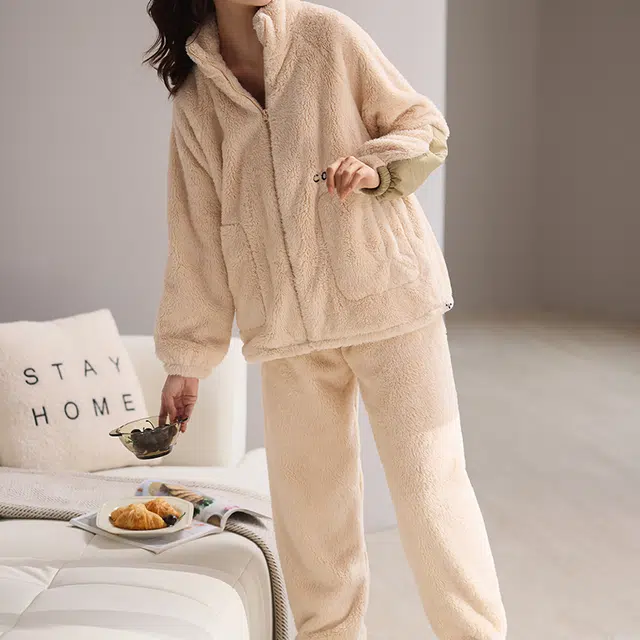 可人儿 珊瑚绒睡衣家居服套装 秋冬季 保暖加绒加厚 运动拉链款 女款 米白色