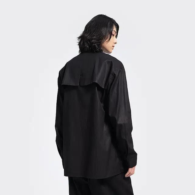 幻象者 原创设计解构拼接古巴领亚麻长袖衬衫 男女同款 黑色