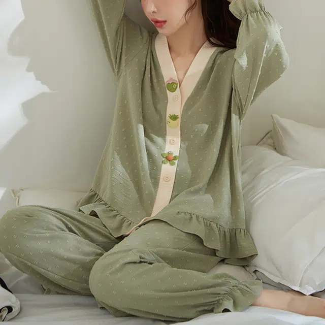 橡柠派 春夏季棉睡衣女长袖开衫梭织棉居家服甜美简约日系小香风家居服家居套装女款 橄榄绿
