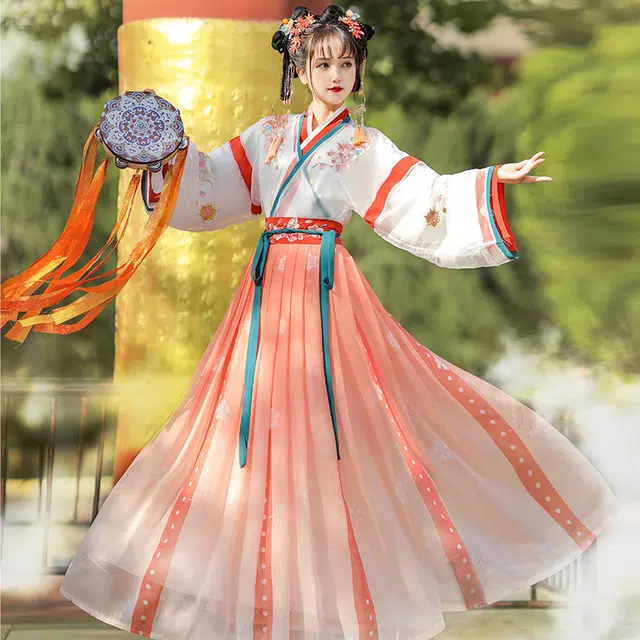 玄唐 晋制中国风改良仙气交领齐腰拼色古装汉服 女款 花蝶粉色  新年推荐