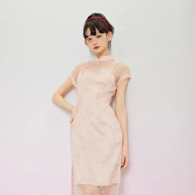 槿爷东方 中式复古纯色优雅短袖旗袍 女款 杏粉色