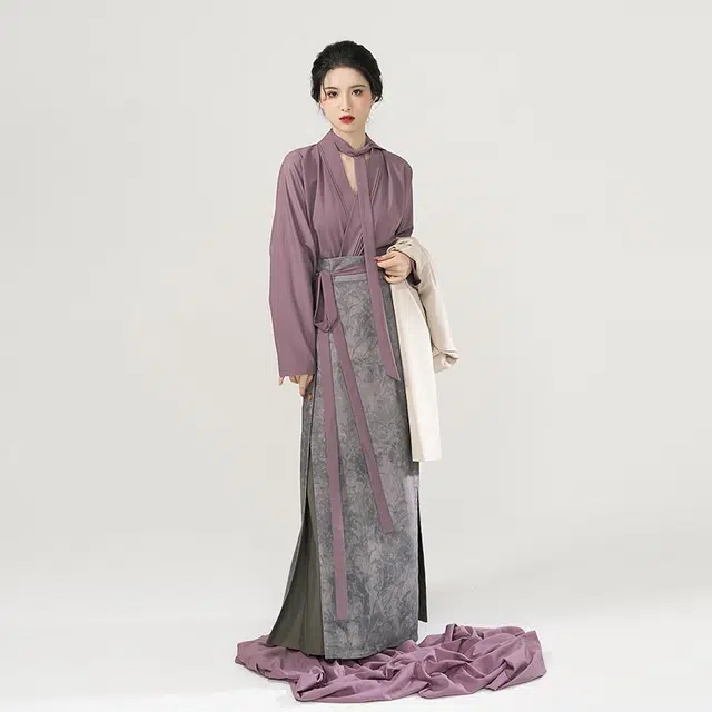 织造司 城市日记 宋制长褙子飞机袖改良三裥裙发带汉服套装 女款 紫色