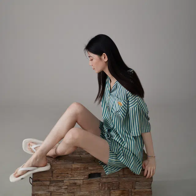 同语 睡衣夏季冰丝短袖条纹套装高级感可外穿女士家居服夏天 家居套装 女款 竖条吐绶蓝