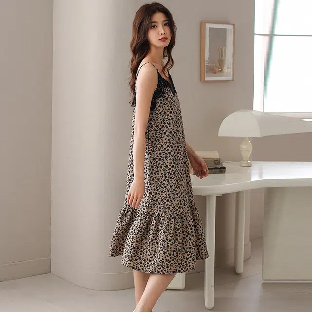 美腾 吊带睡裙夏季纯棉薄款碎花睡衣无袖中长款家居服宽松性感 女款