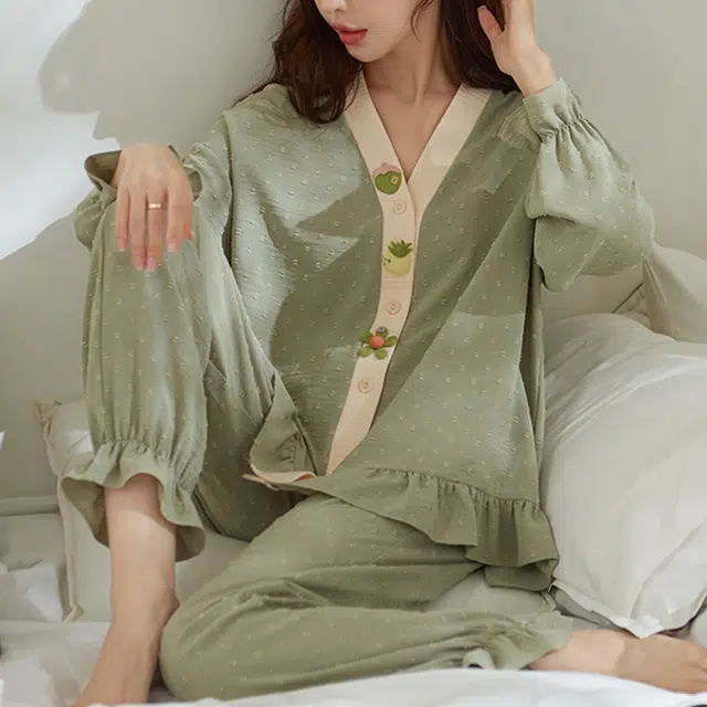 橡柠派 春夏季棉睡衣女长袖开衫梭织棉居家服甜美简约日系小香风家居服家居套装女款 橄榄绿