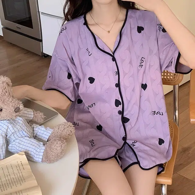 橡柠派 芋泥紫显白睡衣女春秋夏季短袖短裤甜美公主风套装家居服 可外穿