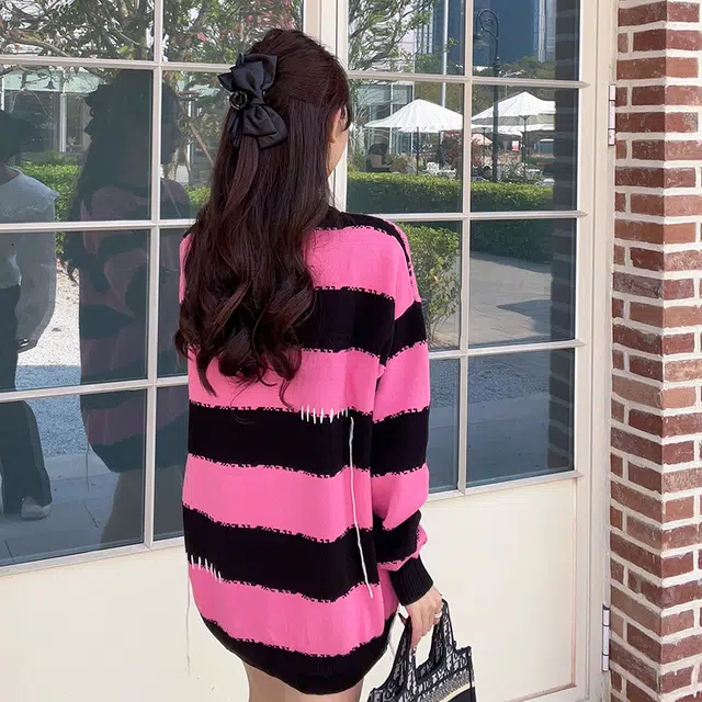 东鲸岁时记 条纹套头宽松撞色针织衫 女款 黑粉色