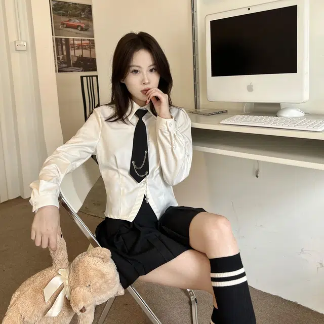 九条喵 短款领带长袖衬衫百褶半身裙制服套装 女款