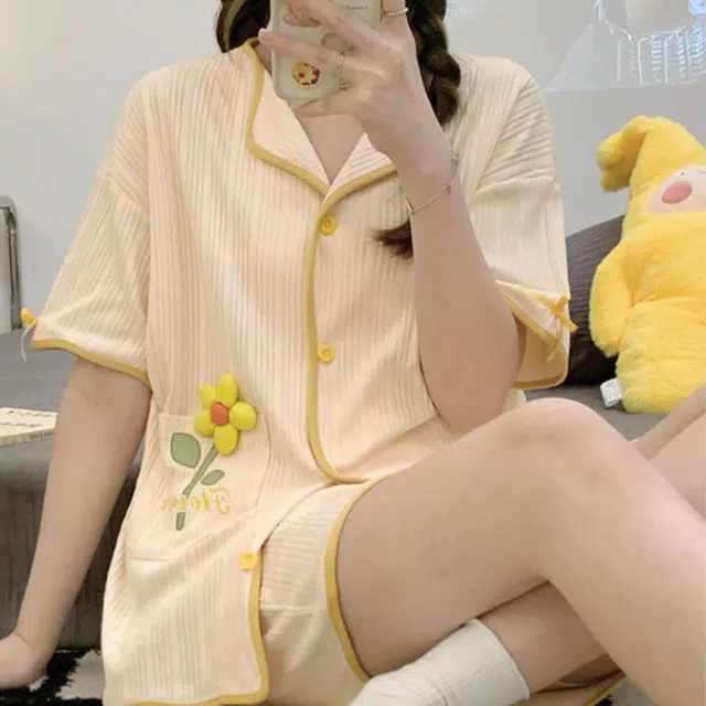 橡柠派 夏季短袖短裤睡衣女士夏天薄款开衫大码家居服套装可外穿夏款两件套女