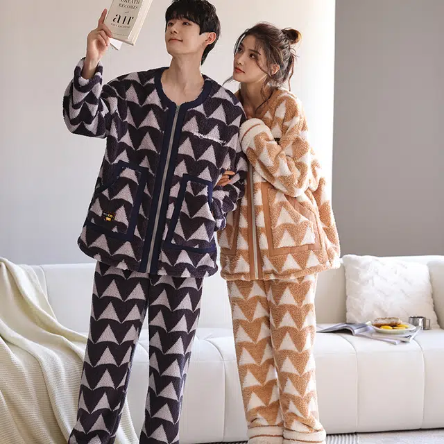 可人儿 珊瑚绒睡衣 家居服套装 秋冬季 保暖加绒加厚 甜美开衫 女款 棕色 礼物