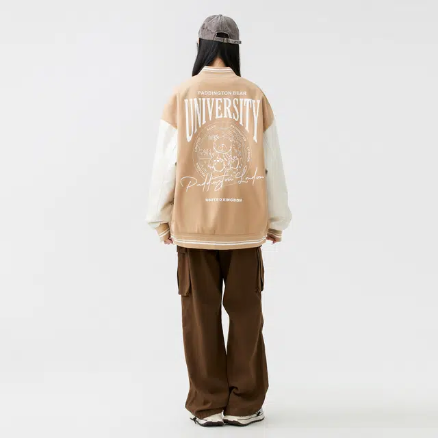 Paddington Bear PU Patchwork Wool Letter Print Baseball Jacket