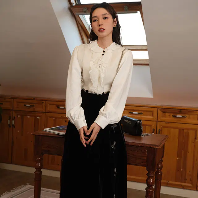 彼得潘大叔 纯色立领长袖衬衫 女款 白色