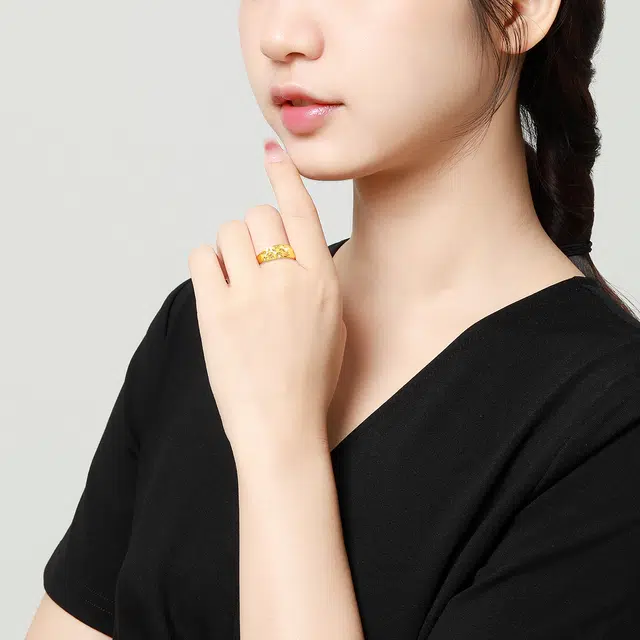 梦金园 满天星活口素圈指环开口可调节 足金 黄金戒指 女款