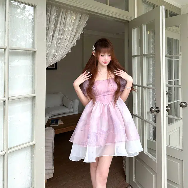 拼色网纱蓬蓬收腰短袖连衣裙 女款 浅紫色