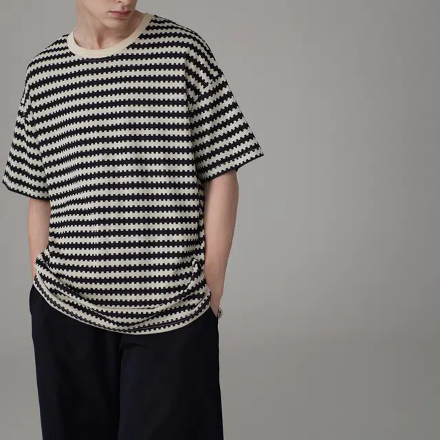 同语 睡衣夏季凉感纯棉短袖套装条纹可外穿男士家居服薄 家居套装 男款 参差黑白/子夜蓝