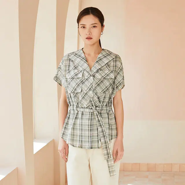 艾莱依 收腰休闲格纹短袖衬衫 女款 米底绿格