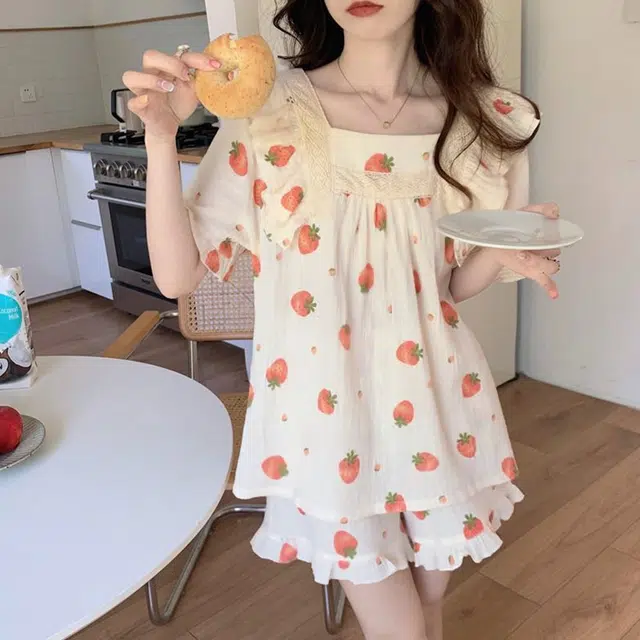 橡柠派 甜美小清新短袖短裤睡衣夏季少女心韩版休闲学生可外穿两件 家居套装 女款 米色