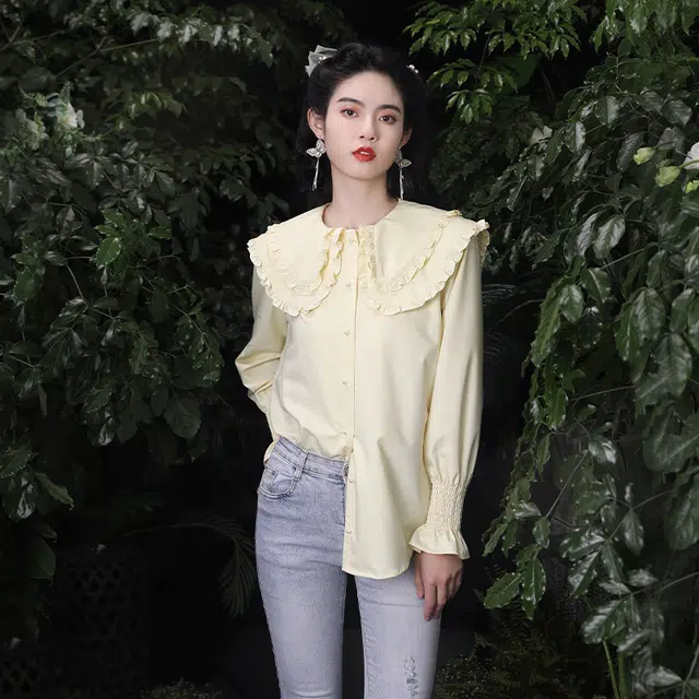 槿爷东方 纯色单排扣娃娃领长袖衬衫 女款 嫩黄色