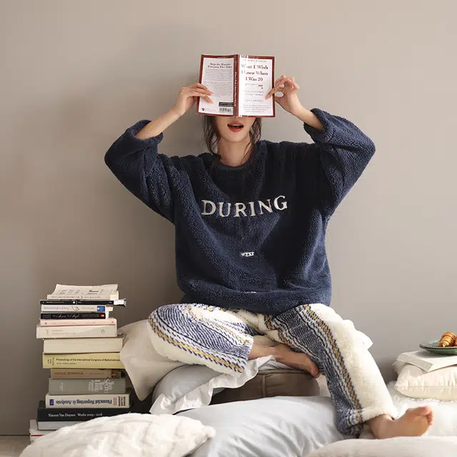 可人儿 珊瑚绒睡衣 家居服套装 秋冬季 保暖加绒加厚 女款 藏青色