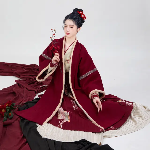 织造司 四花牌 长褙子飞机袖合身中长款合围裙一片式褶裙 冬汉服 女款