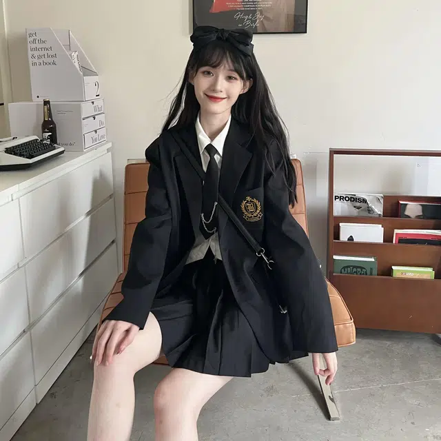九条喵  纯色西装领单排扣长袖宽松西装 男女同款情侣款 黑色
