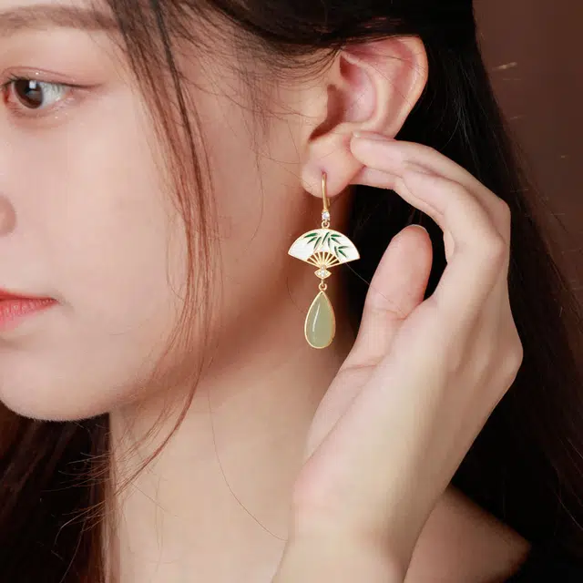 希遇 中国风团扇形绘画镶嵌耳坠复古耳环女款古法小众设计珐琅彩绘耳饰
