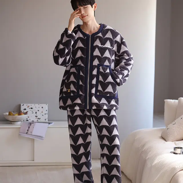 可人儿 珊瑚绒睡衣 家居服套装 秋冬季 保暖加绒加厚 休闲开衫 男款 灰色 礼物