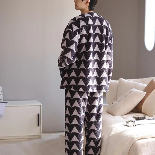 可人儿 珊瑚绒睡衣 家居服套装 秋冬季 保暖加绒加厚 休闲开衫 男款 灰色 礼物