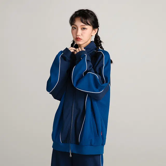 华人青年 拼色立领休闲运动拉链夹克外套 男女同款