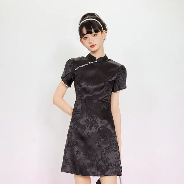 槿爷东方 龙纹缎花苞袖短袖旗袍 女款 元青色