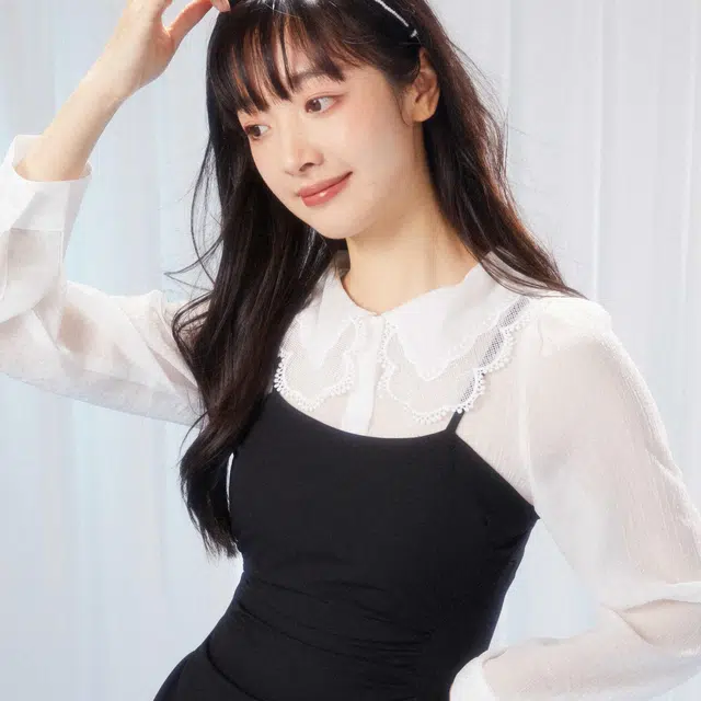 松本丧丧 新款系列 纯色娃娃领蕾丝雪纺微透长袖衬衫 女款 白色