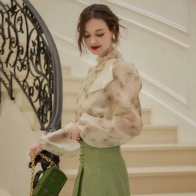 彼得潘大叔 通勤印花长袖衬衫 女款 浅绿