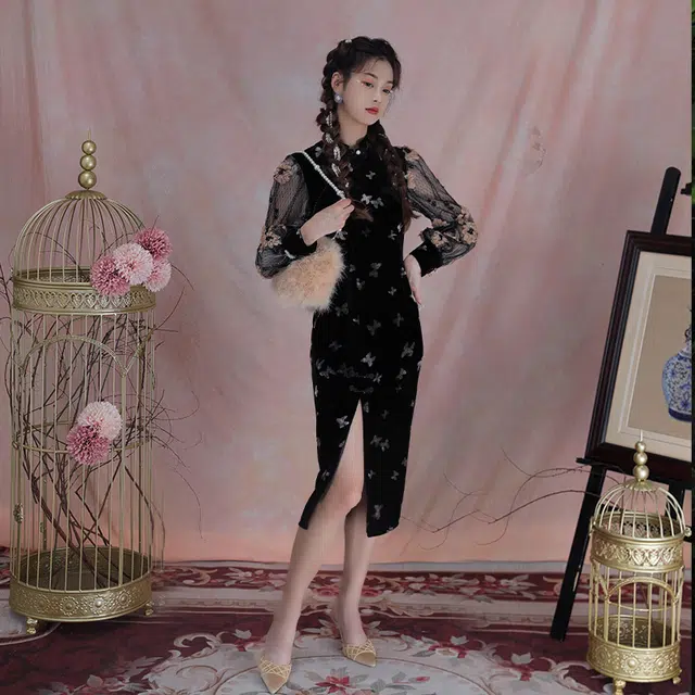 槿爷东方 远山黛网纱袖高开衩丝绒复古旗袍 女款 黑色