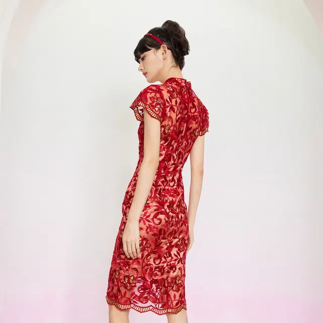 槿爷东方 斜襟刺绣短袖旗袍 女款 红色