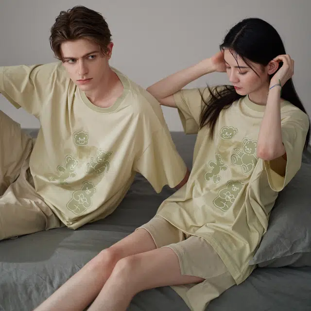 同语 夏季睡衣凉感棉短袖套装可爱可外穿男士宽松夏天家居服 家居套装 男款 柔雾菊白•米杏