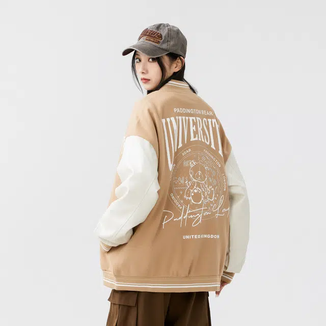 Paddington Bear PU Patchwork Wool Letter Print Baseball Jacket