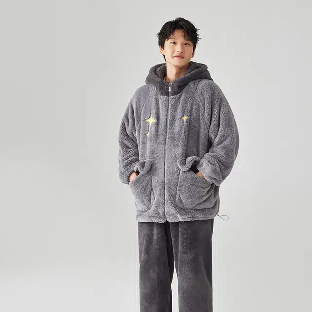 亲嘴猫秋冬加厚男士连帽家居服可外穿