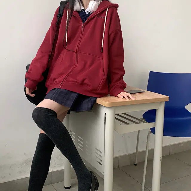 东鲸岁时记 纯色拉链宽松字母刺绣加绒开衫连帽卫衣 女款
