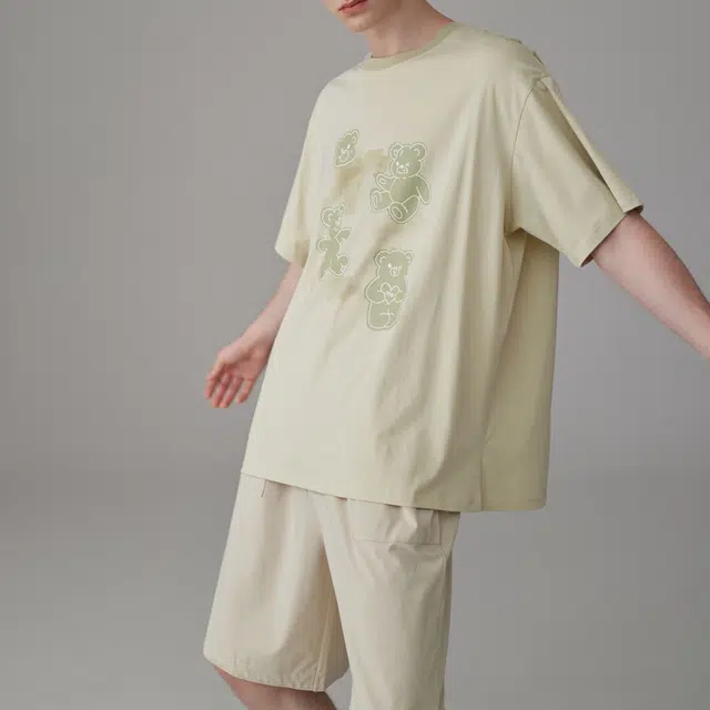 同语 夏季睡衣凉感棉短袖套装可爱可外穿男士宽松夏天家居服 家居套装 男款 柔雾菊白•米杏