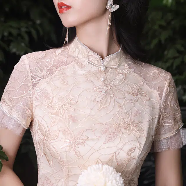槿爷东方 中式复古花卉刺绣短袖旗袍 女款 杏粉色